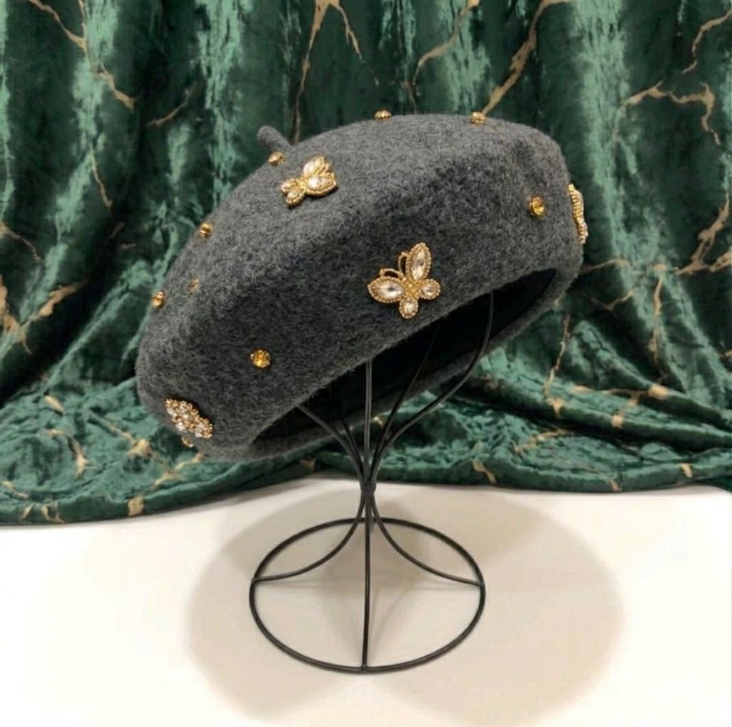 Béret femme laine gris avec abeille cristal – Béret chic hiver