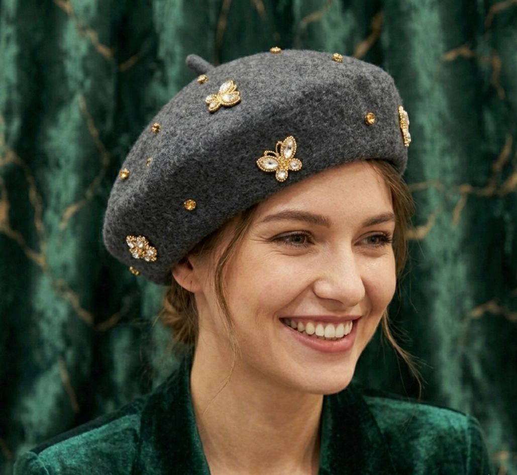 Béret femme laine gris avec abeille cristal – Béret chic hiver