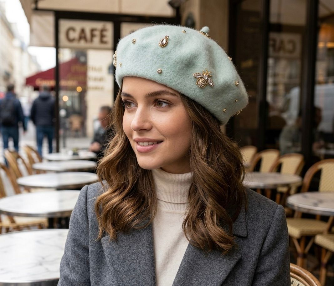 Béret en laine femme vert avec broche abeille cristal | Abeille Royale