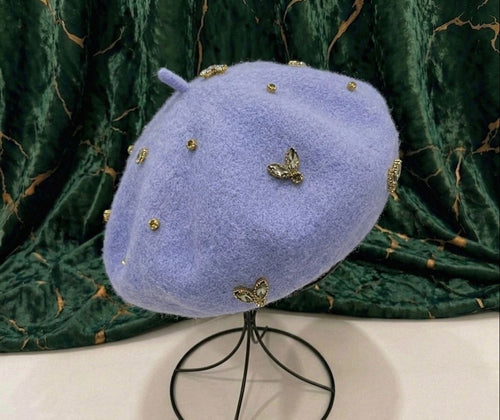 Béret en laine femme bleu avec broche abeille cristal | Abeille Royale