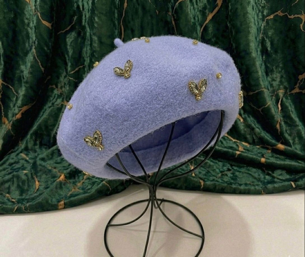 Béret en laine femme bleu avec broche abeille cristal | Abeille Royale