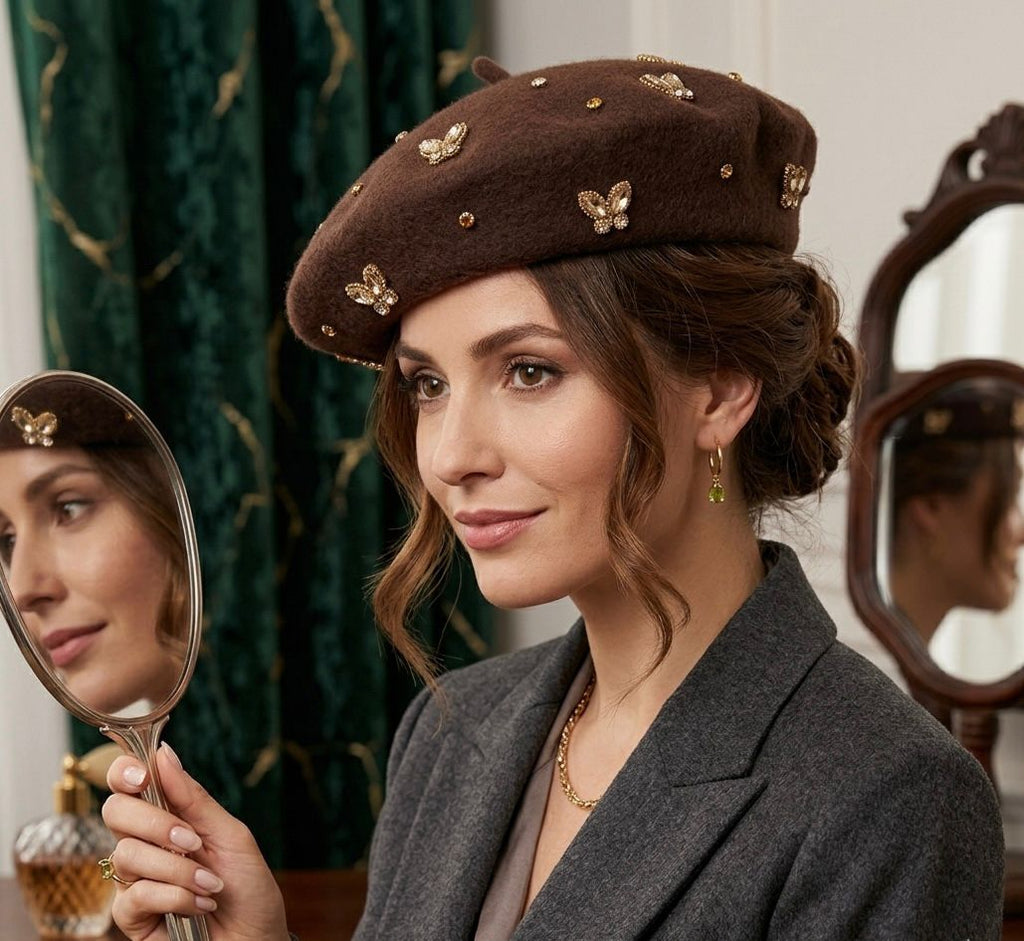 Béret femme laine marron abeille cristal – Béret élégant automne hiver