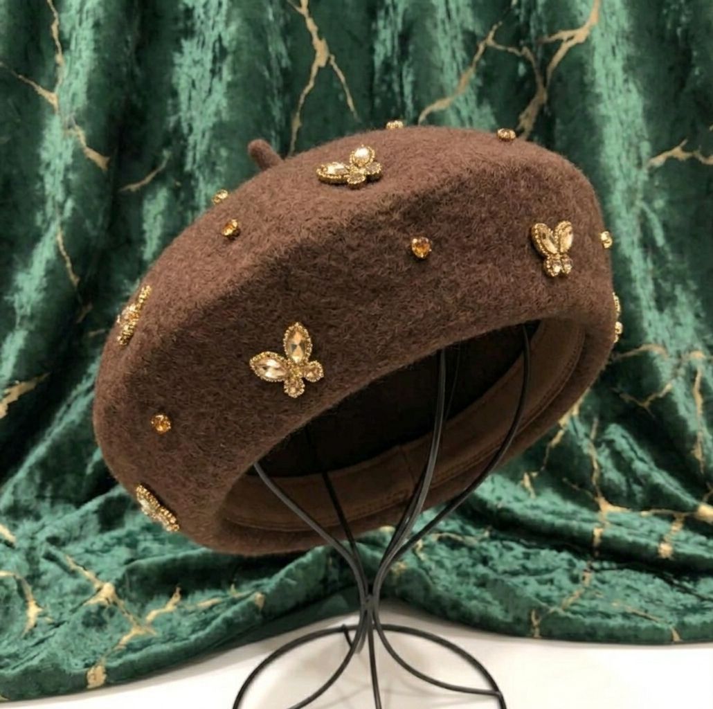 Béret femme laine marron abeille cristal – Béret élégant automne hiver