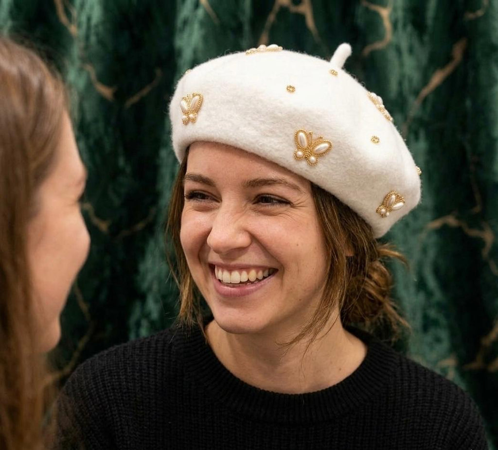 Béret femme laine blanc abeille cristal – Béret chic élégant hiver