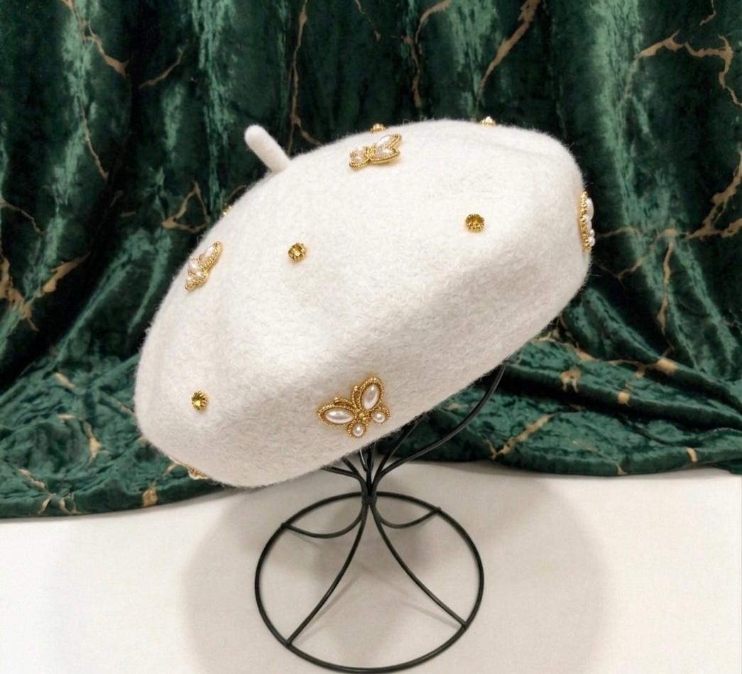 Béret femme laine blanc abeille cristal – Béret chic élégant hiver