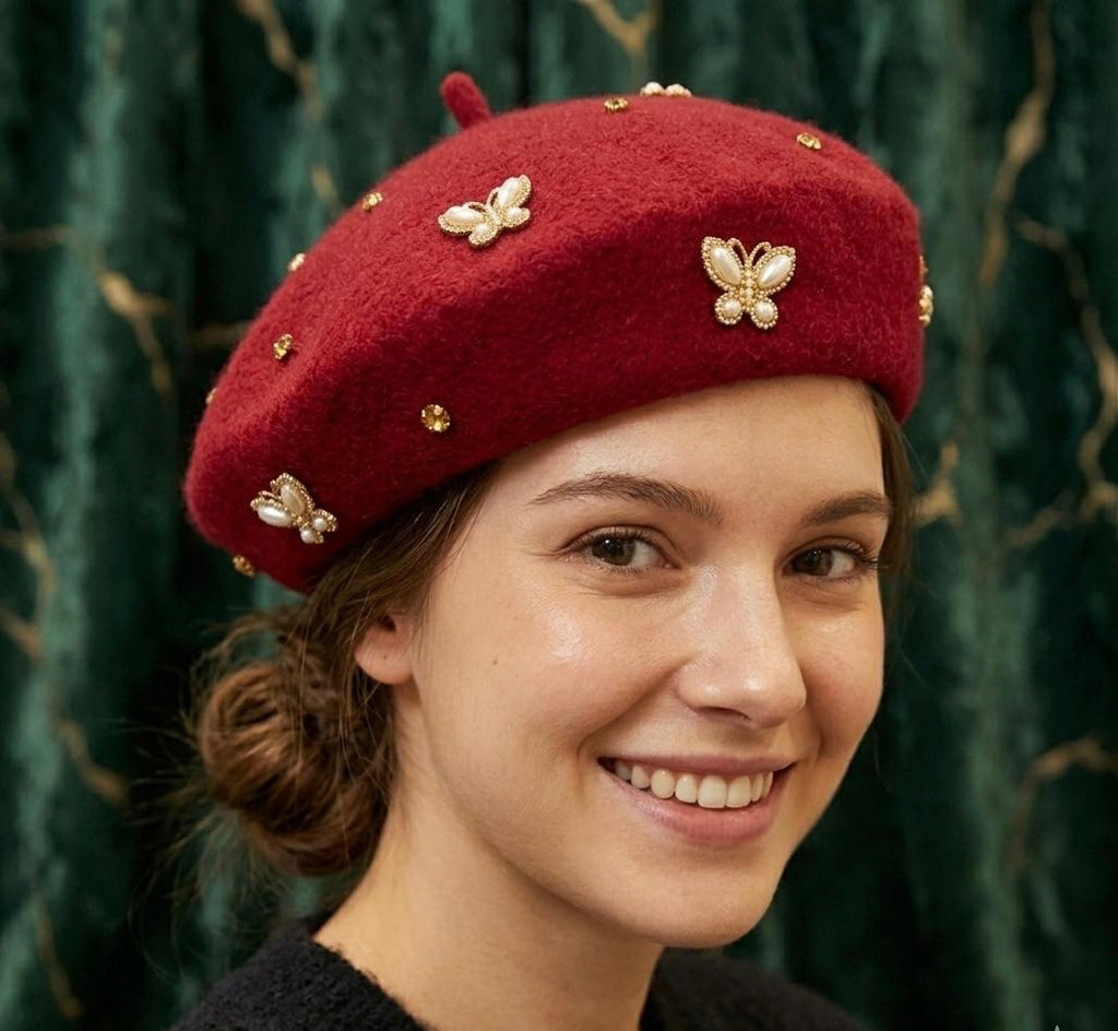 Béret femme laine rouille abeille cristal – Béret vintage élégant hiver