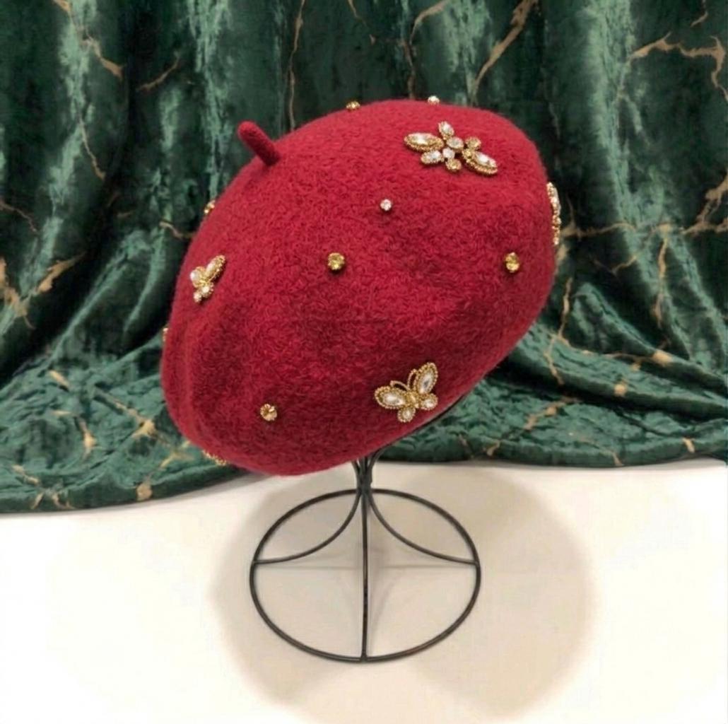 Béret femme laine rouille abeille cristal – Béret vintage élégant hiver