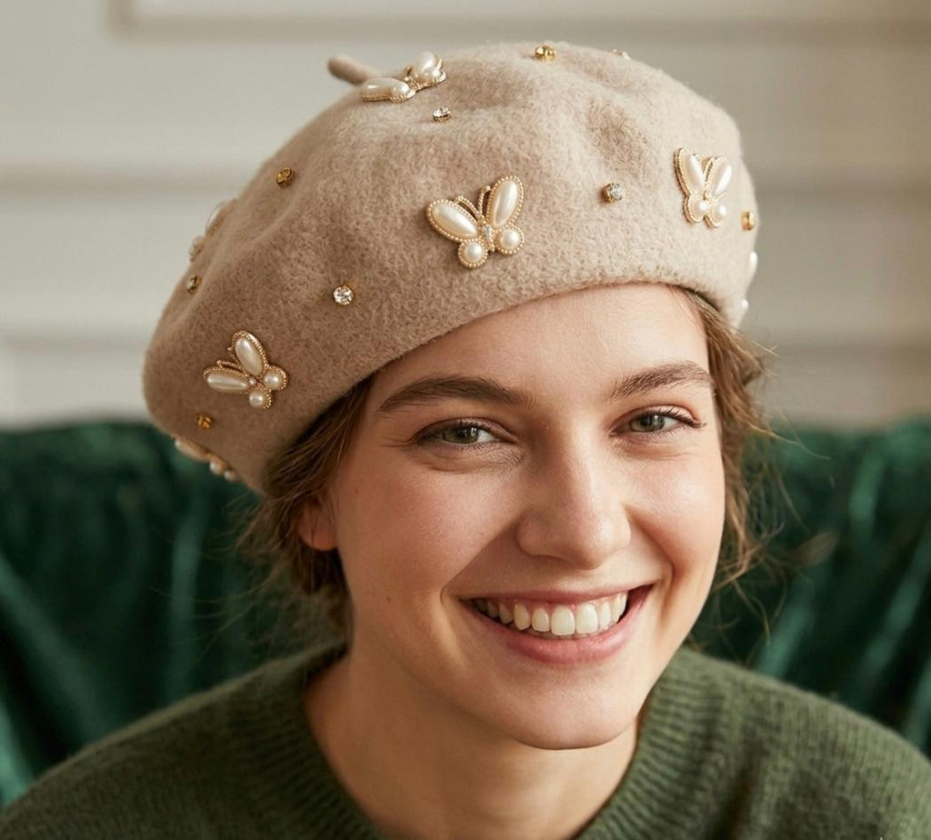 Béret femme laine beige abeille cristal – Béret élégant hiver chic