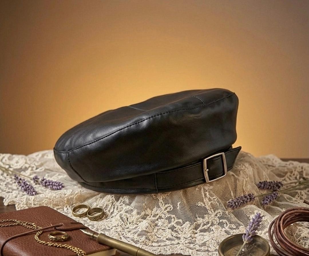 Chapeau octogonal noir femme – Casquette vintage chaude et élégante automne hiver