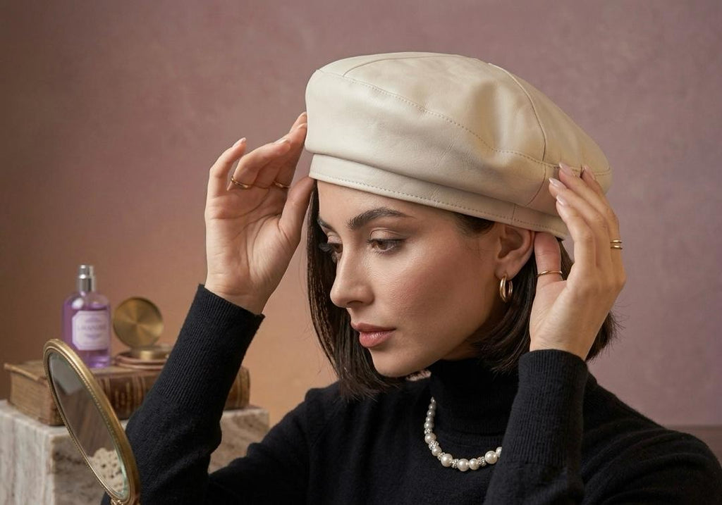 Béret vintage cuir PU femme beige – Béret élégant style français automne hiver