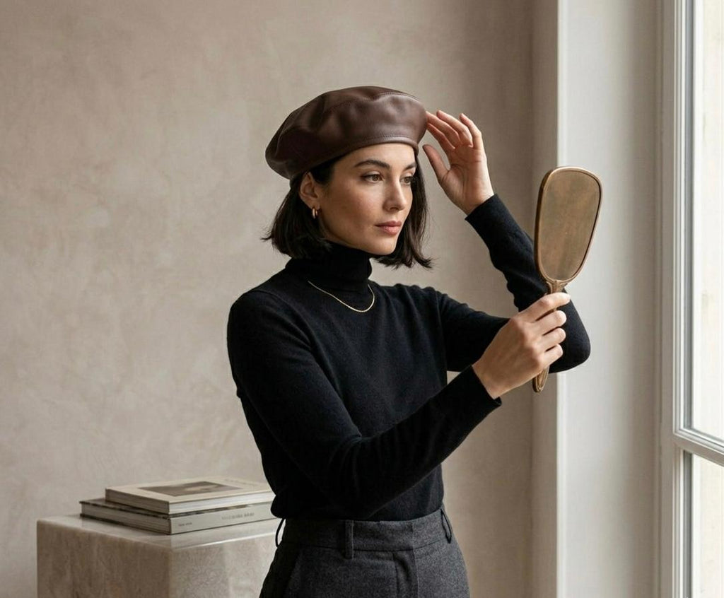 Béret vintage cuir PU femme marron – Béret élégant style français automne hiver