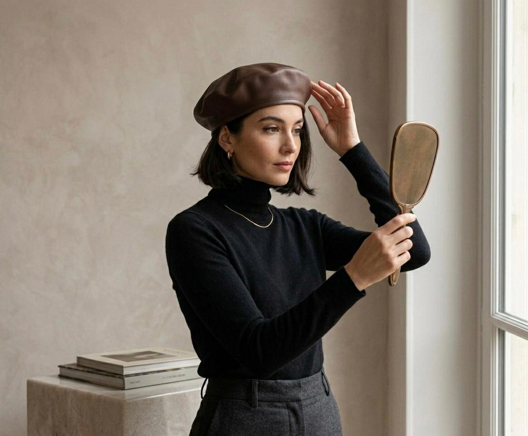Béret vintage cuir PU femme marron – Béret élégant style français automne hiver