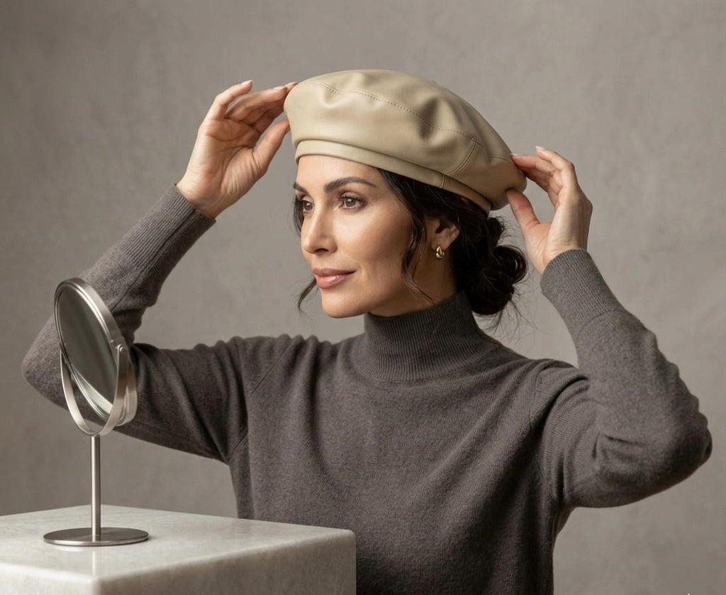 Béret vintage cuir PU femme beige – Béret élégant style français automne hiver
