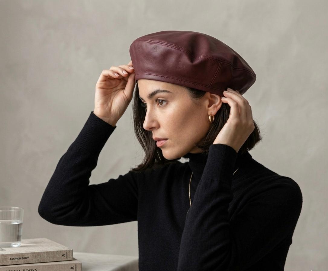 Béret vintage cuir PU femme rouge – Béret élégant style français automne hiver