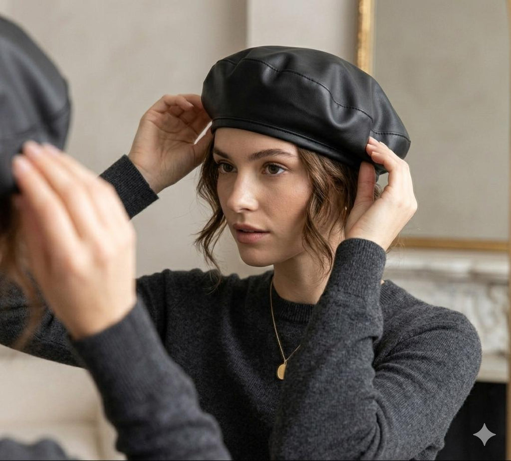 Béret vintage cuir PU femme noir – Béret élégant style français automne hiver