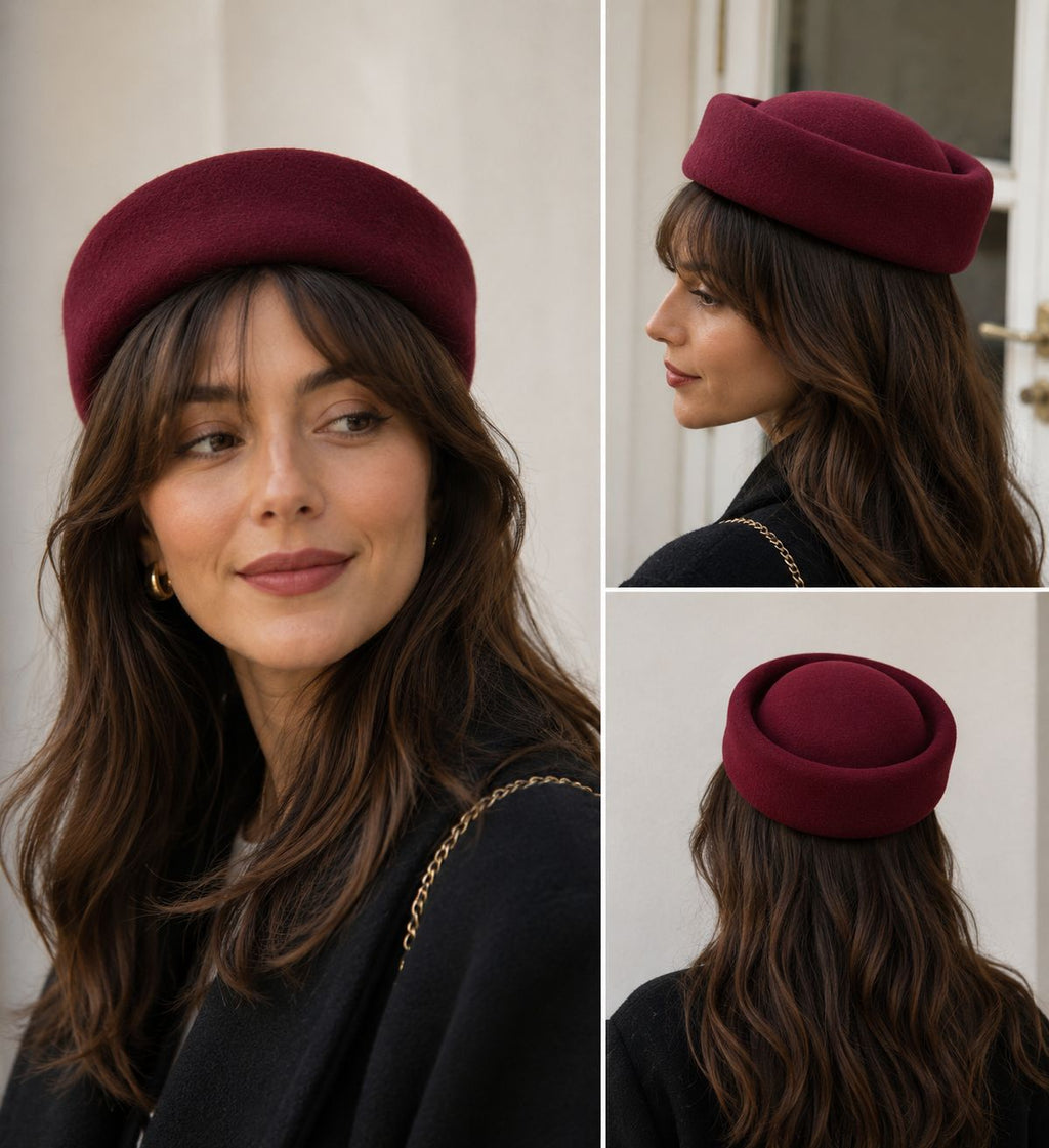 Béret femme laine rouge bordeaux concave top – Béret vintage élégant hiver