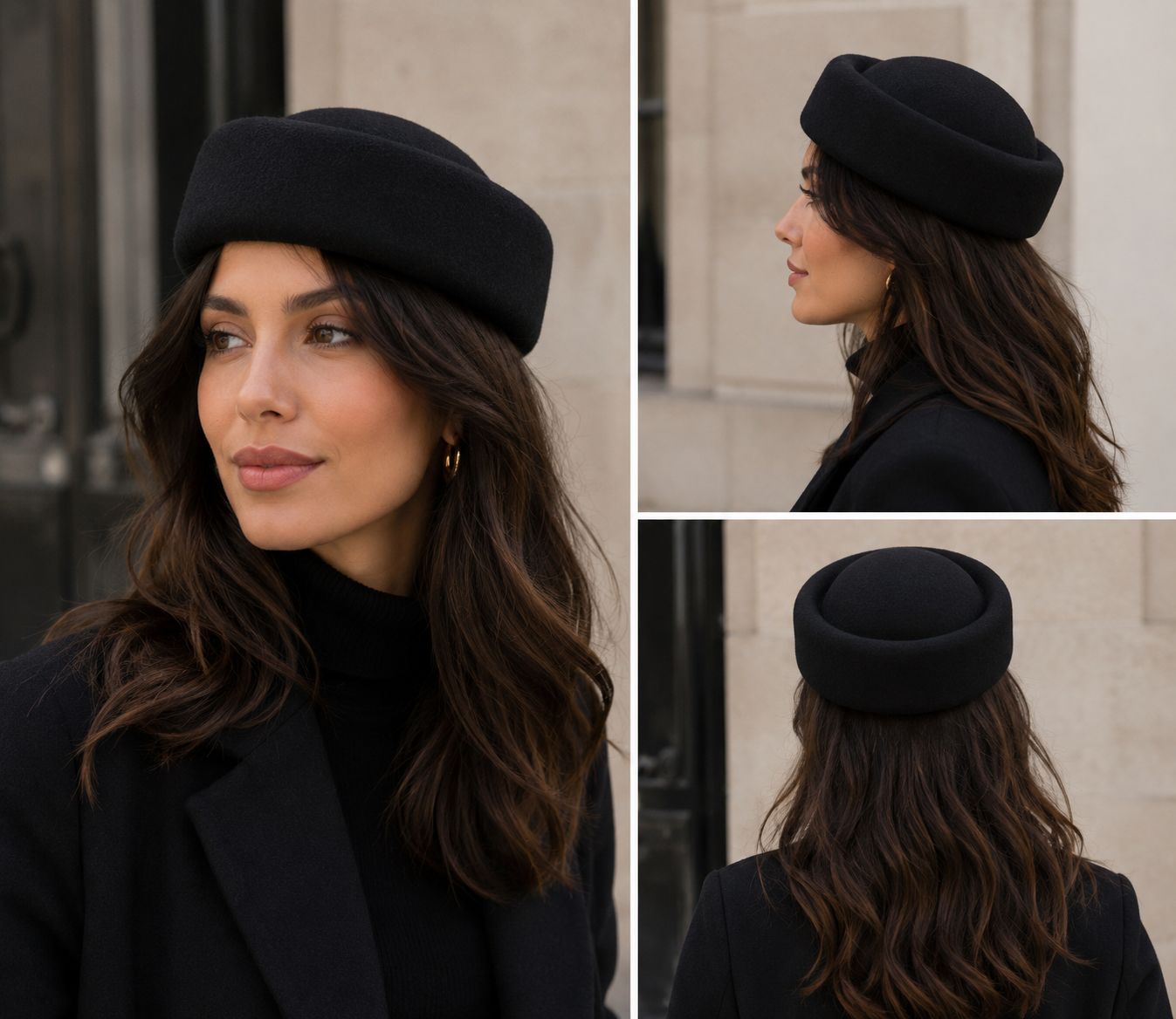 Béret femme laine noir concave top – Béret élégant vintage hiver