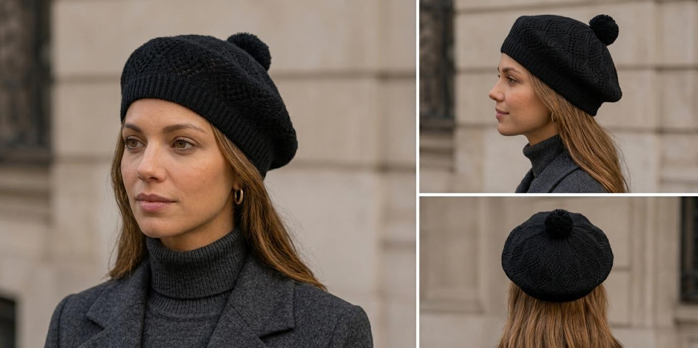 Béret Femme Noir en Acrylique – Bonnet Tricoté Léger Style Français