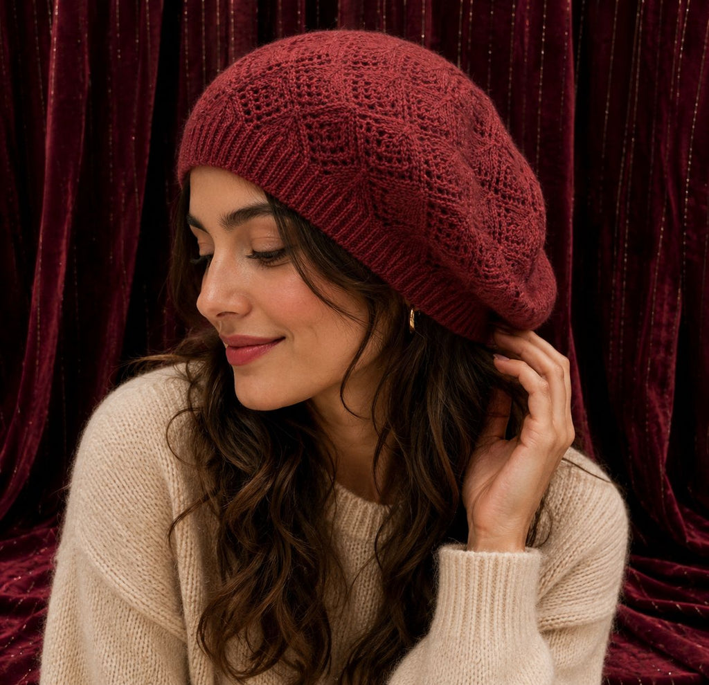 Béret Femme Rouge Foncé en Acrylique – Bonnet Tricoté Léger Style Français
