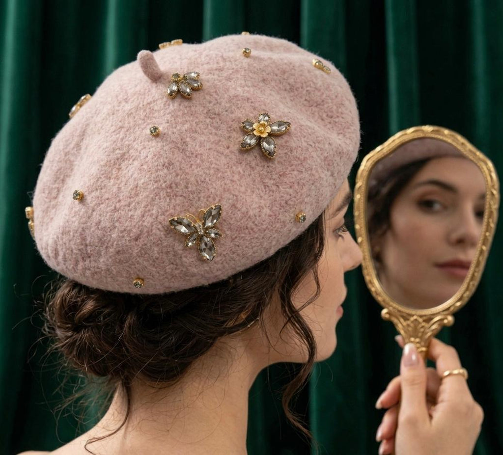 Béret en laine femme moka avec broche abeille cristal | Abeille Royale