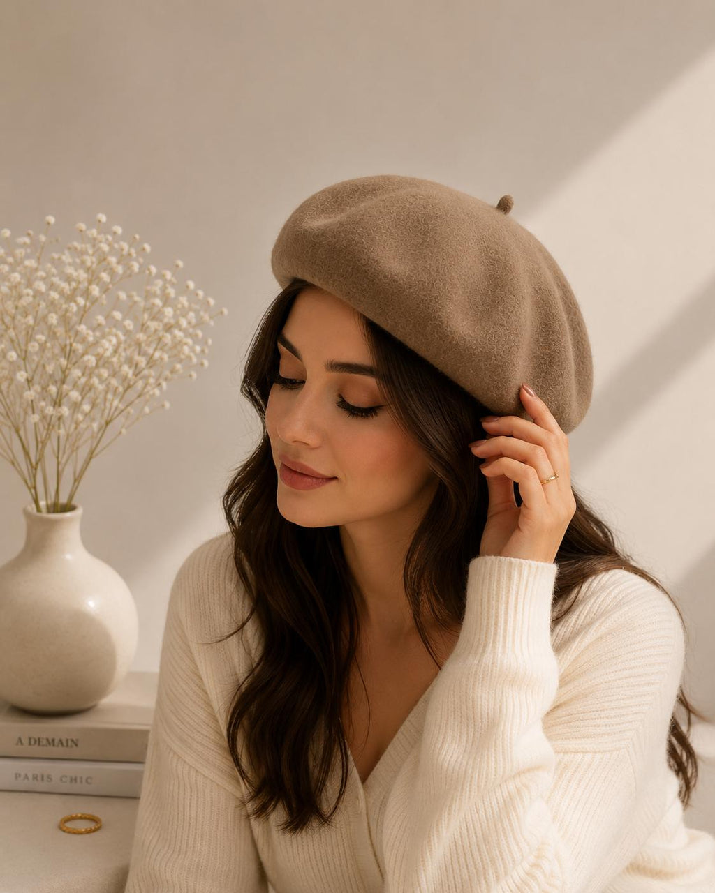 Béret Femme en Laine Kaki – Chapeau Français Chaud Automne Hiver