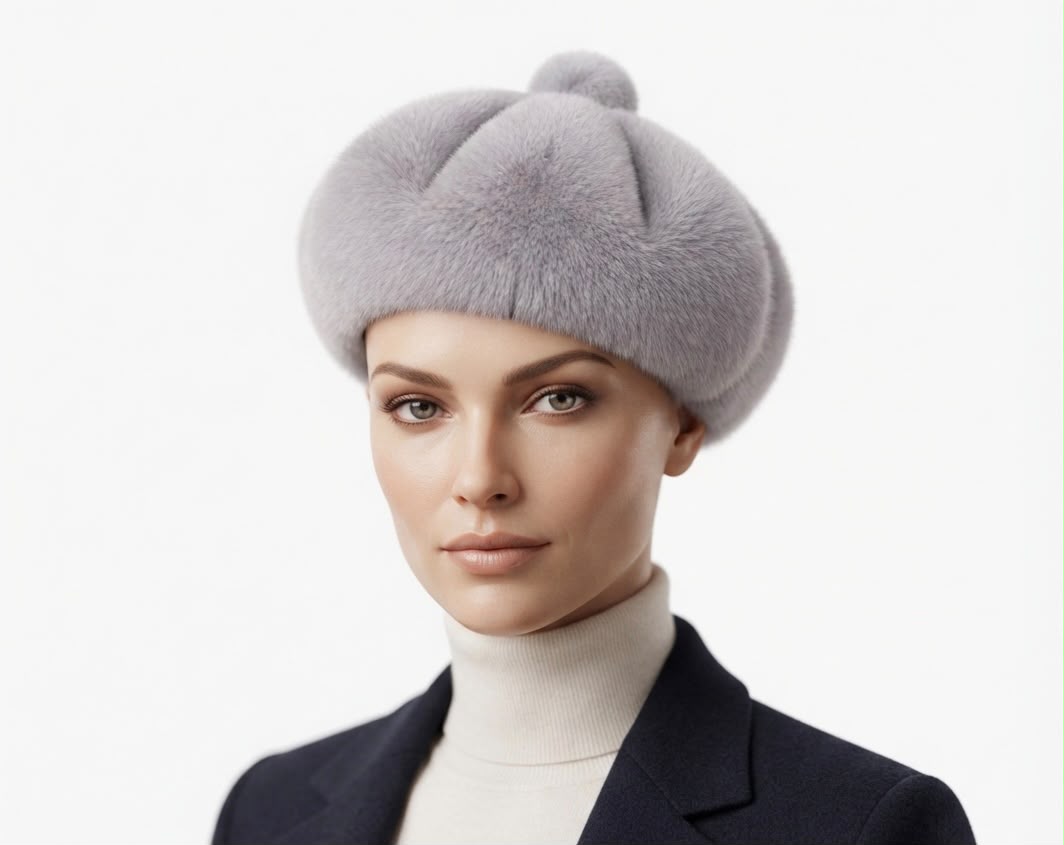 Béret Femme en Fourrure Gris Clair | Élégance Hivernale
