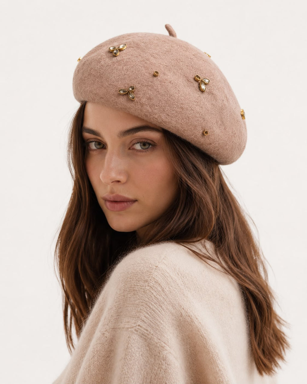 Béret femme laine beige abeille cristal – Béret élégant hiver chic